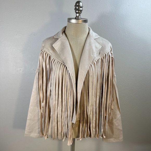 Western Tassel Notch Lapel Collar Long Sleeve Open Front Jacket Cream Size M - Picture 1 of 7